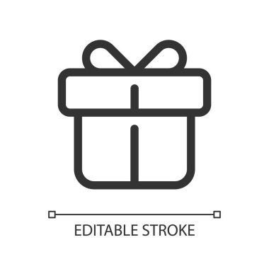 Hediye pikseli mükemmel doğrusal ui simgesi. Doğum günü ve Noel hediyesi. Kurdeleli boks ve yay. GUI, UX tasarımı. Uygulama ve web için izole edilmiş kullanıcı arayüzü ögesi. Düzenlenebilir felç. Kullanılan Arial yazı tipi