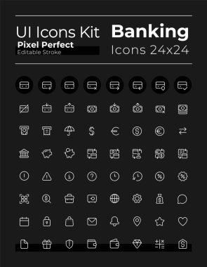 Banking and finance white glyph ui icons set for dark mode. Silhouette symbols on black background. Solid pictograms for web, mobile. Vector isolated illustrations. Montserrat Bold, Light fonts used
