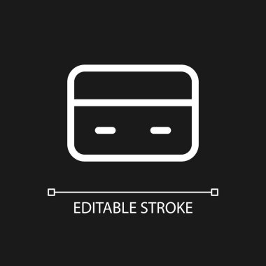 Ödeme kartı pikseli koyu tema için mükemmel beyaz doğrusal ui simgesi. Elektronik mali işlem. Vektör çizgisi çizimi. Gece modu için izole edilmiş kullanıcı arayüzü sembolü. Düzenlenebilir felç. Kullanılan Arial yazı tipi