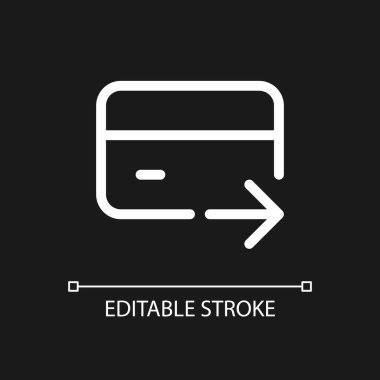 Elektronik fon transferi pikseli koyu renk tema için mükemmel beyaz doğrusal ui simgesi. Banka operasyonu. Vektör çizgisi çizimi. Gece modu için izole edilmiş kullanıcı arayüzü sembolü. Düzenlenebilir felç. Kullanılan Arial yazı tipi