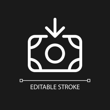 Gelen para pikseli koyu renk tema için mükemmel beyaz doğrusal ui simgesi. Paranı al. Gelir, gelir. Vektör çizgisi çizimi. Gece modu için izole edilmiş kullanıcı arayüzü sembolü. Düzenlenebilir felç. Kullanılan Arial yazı tipi