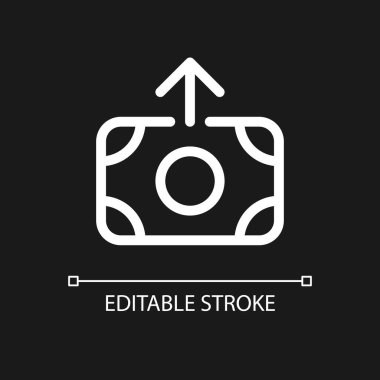 Giden para pikseli koyu renk tema için mükemmel beyaz doğrusal ui simgesi. Para transferi. Vektör çizgisi çizimi. Gece modu için izole edilmiş kullanıcı arayüzü sembolü. Düzenlenebilir felç. Kullanılan Arial yazı tipi