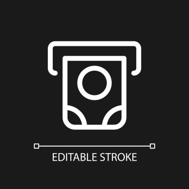 Para dağıtıcı piksel koyu tema için mükemmel beyaz doğrusal ui simgesi. Banknotlar için depozito. Vektör çizgisi çizimi. Gece modu için izole edilmiş kullanıcı arayüzü sembolü. Düzenlenebilir felç. Kullanılan Arial yazı tipi