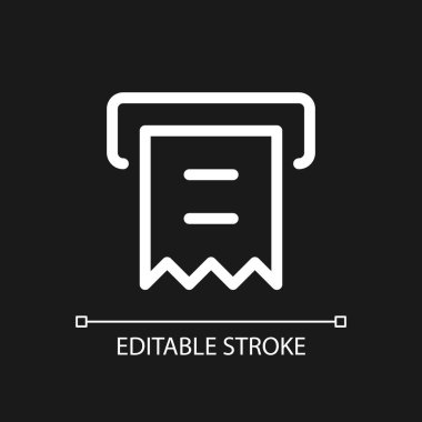 Koyu tema için makbuz yazıcı pikseli mükemmel beyaz doğrusal ui simgesi. Otomatik veznedar makinesi. Vektör çizgisi çizimi. Gece modu için izole edilmiş kullanıcı arayüzü sembolü. Düzenlenebilir felç. Kullanılan Arial yazı tipi