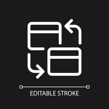 Banka içi transfer piksel koyu tema için mükemmel beyaz doğrusal ui simgesi. Kredi ve ödeme kartı. Vektör çizgisi çizimi. Gece modu için izole edilmiş kullanıcı arayüzü sembolü. Düzenlenebilir felç. Kullanılan Arial yazı tipi