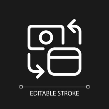 Farklı banka hesapları transferi piksel mükemmel beyaz ui simgesi koyu tema için. Vektör çizgisi çizimi. Gece modu için izole edilmiş kullanıcı arayüzü sembolü. Düzenlenebilir felç. Kullanılan Arial yazı tipi