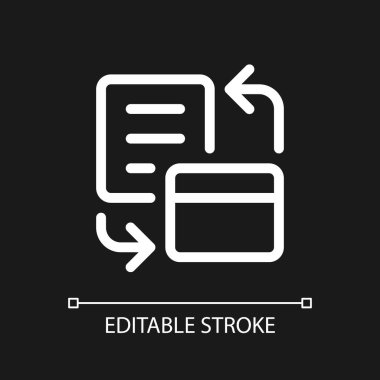 Banka hesap beyanı piksel koyu tema için mükemmel beyaz doğrusal ui simgesi. Kart işlemleri. Vektör çizgisi çizimi. Gece modu için izole edilmiş kullanıcı arayüzü sembolü. Düzenlenebilir felç. Kullanılan Arial yazı tipi