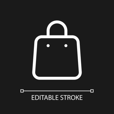 Alışveriş poşeti pikseli koyu renk tema için mükemmel beyaz doğrusal ui simgesi. Malları satın al. Hediye paketi. Vektör çizgisi çizimi. Gece modu için izole edilmiş kullanıcı arayüzü sembolü. Düzenlenebilir felç. Kullanılan Arial yazı tipi