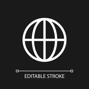 Koyu renk tema için küresel piksel kusursuz beyaz doğrusal ui simgesi. Uluslararası hizmetler. Vektör çizgisi çizimi. Gece modu için izole edilmiş kullanıcı arayüzü sembolü. Düzenlenebilir felç. Kullanılan Arial yazı tipi