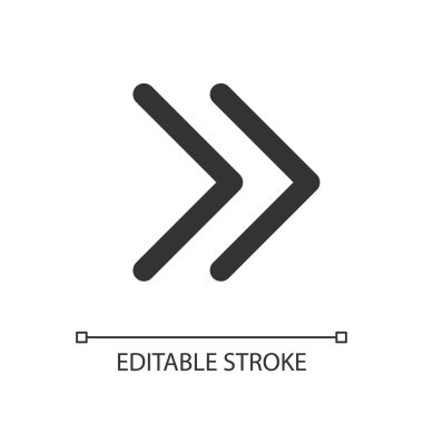 Sağ çift ok pikseli mükemmel doğrusal ui simgesi. Guillemetler. İleri sarma düğmesi. Hızlan. GUI, UX tasarımı. Uygulama ve web için izole edilmiş kullanıcı arayüzü ögesi. Düzenlenebilir felç. Kullanılan Arial yazı tipi