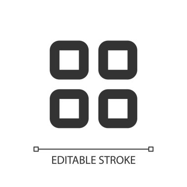 Bento menü pikselini sever mükemmel doğrusal ui simgesi. Dört kare var. Çikolata menüsü temsilcisi. GUI, UX tasarımı. Uygulama ve web için izole edilmiş kullanıcı arayüzü ögesi. Düzenlenebilir felç. Kullanılan Arial yazı tipi