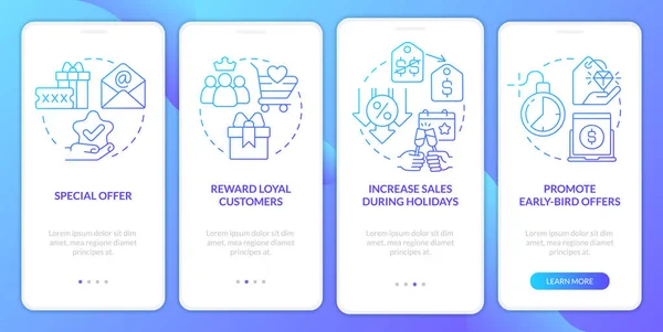 Discount Policy Blue Gradient Onboarding Mobile App Screen Marketing Walkthrough — Stockový vektor