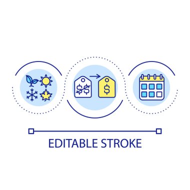Mevsimlik satış döngüsü konsepti. İndirim tipi. Harçlıklar ve ikramiyeler. Fiyat azaltma fikri ince çizgi çizimi. İzole bir taslak çizim. Düzenlenebilir felç. Kullanılan Arial yazı tipi