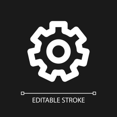 Koyu tema için ayarlar dişli piksel mükemmel beyaz doğrusal ui simgesi. Konfigürasyon. Geliştirici modu. Vektör çizgisi çizimi. Gece modu için izole edilmiş kullanıcı arayüzü sembolü. Düzenlenebilir felç. Kullanılan Arial yazı tipi