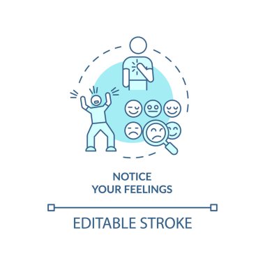 Duygularınıza dikkat edin turkuaz konsept ikonu. Fiziksel belirtiler. Duygusal düzenleme soyut fikir ince çizgi çizimi. İzole bir taslak çizim. Düzenlenebilir felç. Arial, Myriad Pro-Kalın yazı tipleri