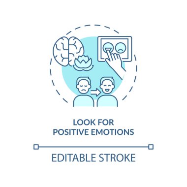 Pozitif duygu türkuaz konsept ikonu arayın. Duygusal düzenlemeler için strateji soyut fikir ince çizgi çizimi. İzole bir taslak çizim. Düzenlenebilir felç. Arial, Myriad Pro-Kalın yazı tipleri