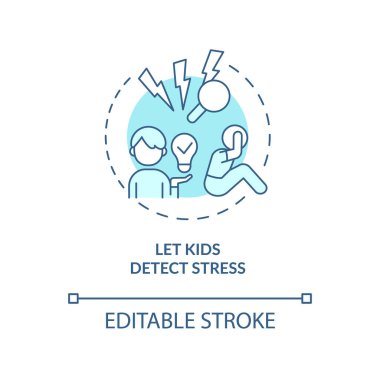 Çocuklar stres turkuaz konsept ikonunu algılasınlar. Çocuk soyut fikir çizgisi çiziminde duygusal düzenlemeleri teşvik et. İzole bir taslak çizim. Düzenlenebilir felç. Arial, Myriad Pro-Kalın yazı tipleri