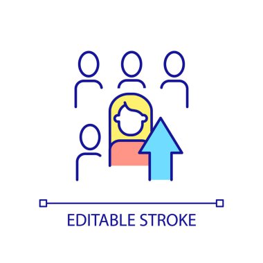 Sosyal durum RGB renk simgesi yükseltiliyor. Ayrıcalıkları arttır. Kariyer terfisi. Kişisel gelişim. İzole vektör çizimi. Basit bir çizgi çizimi. Düzenlenebilir felç. Kullanılan Arial yazı tipi