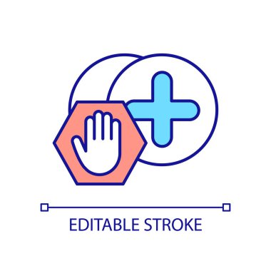 Düğme ekle ve dur işareti RGB renk simgesi ekle. Mal ekleme limiti. İlgili ürünlerin reddedilmesi. İzole vektör çizimi. Basit bir çizgi çizimi. Düzenlenebilir felç. Kullanılan Arial yazı tipi