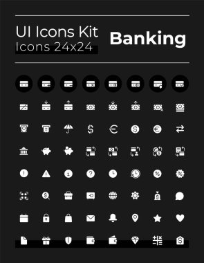 Banking and finance white glyph ui icons set for dark mode. Silhouette symbols on black background. Solid pictograms for web, mobile. Vector isolated illustrations. Montserrat Bold, Light fonts used
