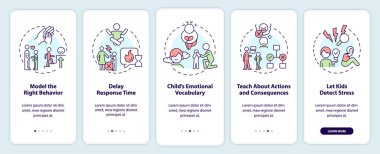 Mobil uygulama ekranındaki çocukta duygusal düzenleme teşvik ediliyor. Doğrusal kavramlarla düzenlenebilir grafik yönergelerini 5 adımda gezdir. UI, UX, GUI şablonu. Kullanılan sayısız Pro-Kalın, Düzenli yazı tipleri