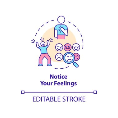 Duygularının konsept ikonuna dikkat et. Fiziksel belirtiler. Duygusal düzenleme becerileri soyut fikir ince çizgi çizimi. İzole bir taslak çizim. Düzenlenebilir felç. Arial, Myriad Pro-Kalın yazı tipleri