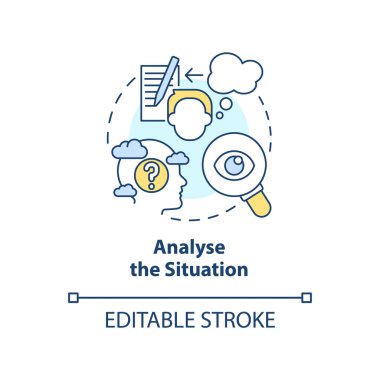 Durum konsept simgesini analiz et. Detayları değerlendir. Duygusal düzenlemeler için strateji soyut fikir ince çizgi çizimi. İzole bir taslak çizim. Düzenlenebilir felç. Arial, Myriad Pro-Kalın yazı tipleri
