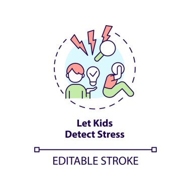 Çocuklar stres konsepti ikonunu bulsun. Çocukların soyut fikirlerinde duygusal düzenlemeleri teşvik etmek ince çizgi çizimi. İzole bir taslak çizim. Düzenlenebilir felç. Arial, Myriad Pro-Kalın yazı tipleri