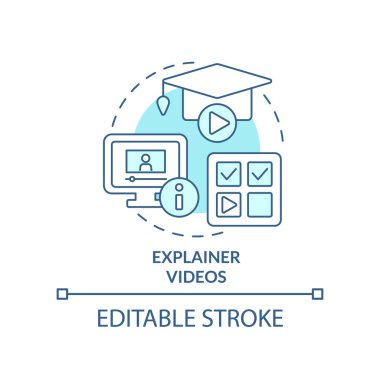 Daha açıklayıcı videolar turkuaz konsept simgesi. Microlearting soyut fikir ince çizgi illüstrasyon. Kısa süreli içerik. İzole bir taslak çizim. Düzenlenebilir felç. Arial, Myriad Pro-Kalın yazı tipleri