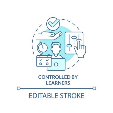 Öğrenciler tarafından kontrol edilen turkuaz konsept simgesi. Mikro kazanım yöntemi soyut fikir ince çizgi çizimi. Kişisel yönetim. İzole bir taslak çizim. Düzenlenebilir felç. Arial, Myriad Pro-Kalın yazı tipleri
