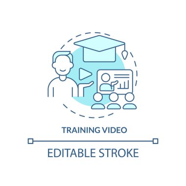 Eğitim videosu turkuaz konsept simgesi. Microlearning video örnek soyut fikir ince çizgi illüstrasyon. Çevrimiçi yayın. İzole bir taslak çizim. Düzenlenebilir felç. Arial, Myriad Pro-Kalın yazı tipleri