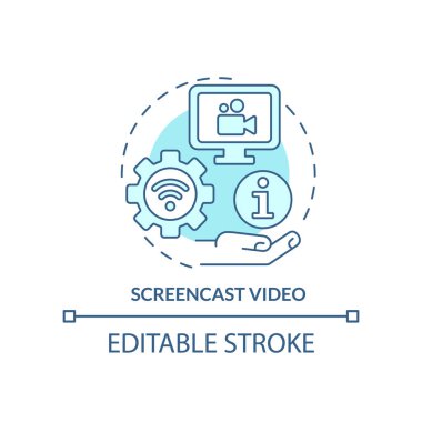 Screencast video turkuaz konsept simgesi. Mikro yağmurlu video tipi soyut fikir ince çizgi çizimi. Ekran kaydı. İzole bir taslak çizim. Düzenlenebilir felç. Arial, Myriad Pro-Kalın yazı tipleri