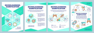 Microlearing gamification yeşil broşür şürü. Eğitim. Çizgisel simgeli broşür tasarımı. Sunum için düzenlenebilir 4 vektör düzeni, yıllık raporlar. Arial-Black, Kullanılan Myriad Pro-Normal yazı tipleri