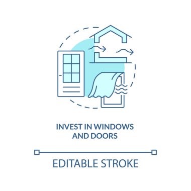 Pencerelere ve kapılara yatırım yapın. Turkuaz konsept simgesi. Havalandırma tasarım yaklaşımı soyut fikir ince çizgi çizimi. İzole bir taslak çizim. Düzenlenebilir felç. Arial, Myriad Pro-Kalın yazı tipleri