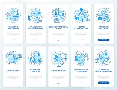 Mobil uygulama ekranında net sıfır maviye dönüştürülüyor. Çevre kirliliği, doğrusal kavramlarla birlikte düzenlenebilir grafik yönergeleri ile 5 adımda dolaşır. UI, UX, GUI şablonu. Kullanılan sayısız Pro-Kalın, Düzenli yazı tipleri