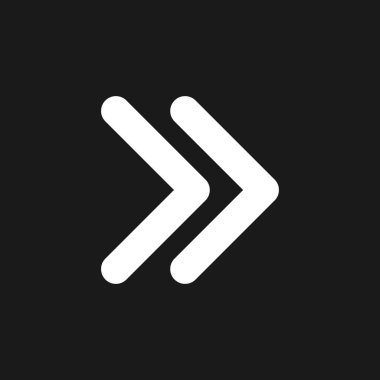 Sağ çift ok koyu mod glyph ui simgesi. İleri sarma düğmesi. Hızlan. Kullanıcı arayüzü tasarımı. Siyah uzayda beyaz siluet sembolü. Ağ ve cep telefonu için sağlam bir resim. Vektör izole illüstrasyonu