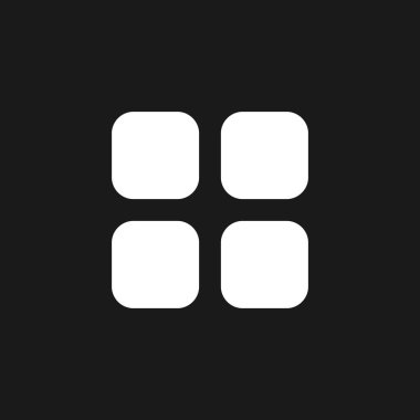 Bento like menu dark mode glyph ui icon. Four squares. Chocolate menu. User interface design. White silhouette symbol on black space. Solid pictogram for web, mobile. Vector isolated illustration
