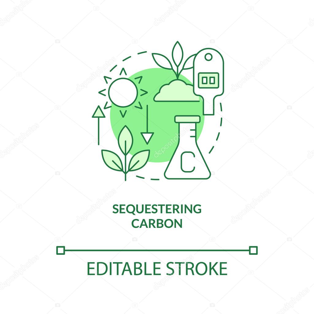 Sequestering carbon green concept icon. Reducing CO2 pollution. Net zero abstract idea thin line illustration. Isolated outline drawing. Editable stroke. Arial, Myriad Pro-Bold fonts used