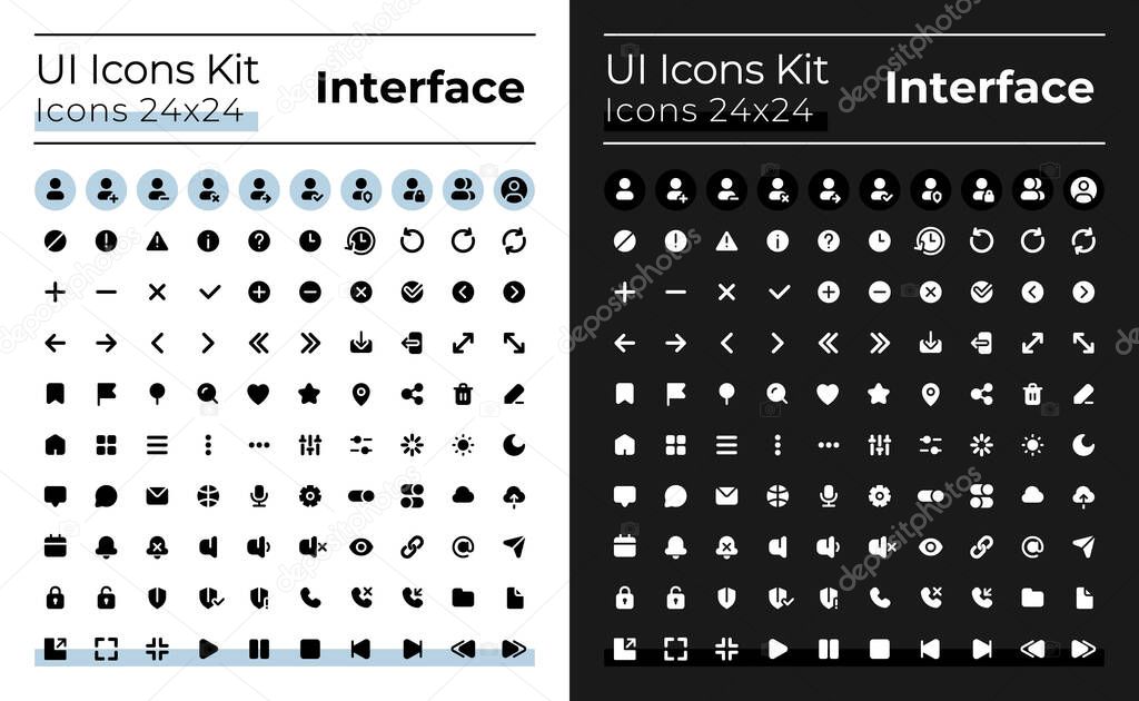 Minimalistic and simple looking glyph ui icons set for dark, light mode. Silhouette symbols for night, day themes. Solid pictograms. Vector isolated illustrations. Montserrat Bold, Light fonts used