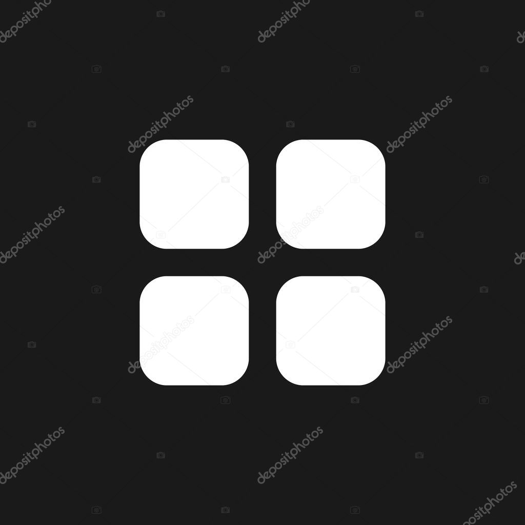 Bento like menu dark mode glyph ui icon. Four squares. Chocolate menu. User interface design. White silhouette symbol on black space. Solid pictogram for web, mobile. Vector isolated illustration
