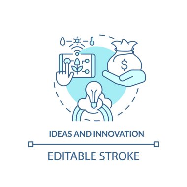 Fikirler ve yenilik turkuaz konsept simgesi. Geniş tarım iş ortamı soyut fikir ince çizgi çizimi. İzole bir taslak çizim. Düzenlenebilir felç. Arial, Myriad Pro-Kalın yazı tipleri kullan