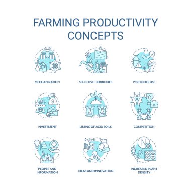 Tarım verimliliği turkuaz konsept simgeleri ayarlandı. Tarım işi. Ekme, yetiştirme fikri ince çizgi renk çizimleri. İzole semboller. Düzenlenebilir felç. Kullanılan Roboto-Orta, Myriad Pro-Kalın yazı tipleri