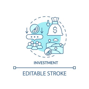 Yatırım turkuaz konsept simgesi. Mülk satın almak. Geniş tarım iş ortamı soyut fikir ince çizgi çizimi. İzole bir taslak çizim. Düzenlenebilir felç. Arial, Myriad Pro-Kalın yazı tipleri kullan