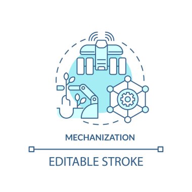 Mekanizma turkuaz konsept simgesi. Çiftlik otomasyonu. Tarımsal üretkenlik soyut fikir ince çizgi çizimi. İzole bir taslak çizim. Düzenlenebilir felç. Arial, Myriad Pro-Kalın yazı tipleri kullan