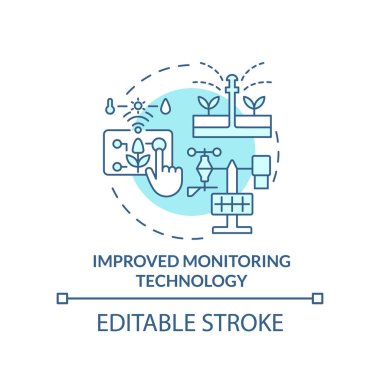Gelişmiş izleme teknolojisi turkuaz konsept simgesi. Çiftçilik üretkenliği soyut fikir ince çizgi çizimi. İzole bir taslak çizim. Düzenlenebilir felç. Arial, Myriad Pro-Kalın yazı tipleri kullan