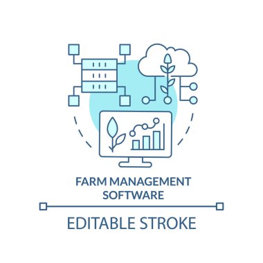 Çiftlik yönetimi yazılım turkuaz konsept simgesi. Tarım verimliliğinin artması soyut fikir ince çizgi çizimi. İzole bir taslak çizim. Düzenlenebilir felç. Arial, Myriad Pro-Kalın yazı tipleri kullan
