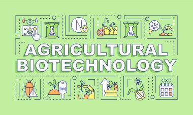 Tarım biyoteknoloji kelimesi yeşil sancak kavramını içeriyor. Renk arkaplanında düzenlenebilir simgelere sahip bilgi grafikleri. İzole tipografi. Metinli vektör illüstrasyonu. Kullanılan Arial-Black yazı tipi