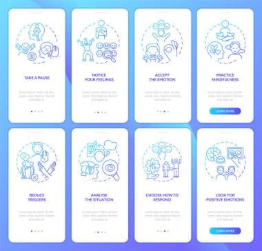 Mobil uygulama ekranında duygusal düzenleme mavi gradyan. Doğrusal kavramlarla birlikte 4 aşamalı grafik talimatlar. UI, UX, GUI şablonu. Kullanılan sayısız Pro-Kalın, Düzenli yazı tipleri