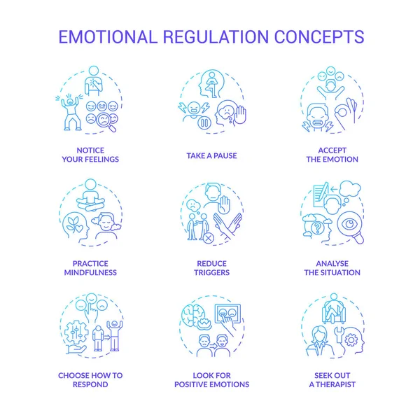 Emocionální Regulace Modrý Gradient Koncepce Ikony Nastaveny Praktické Dovednosti Ovládání — Stockový vektor