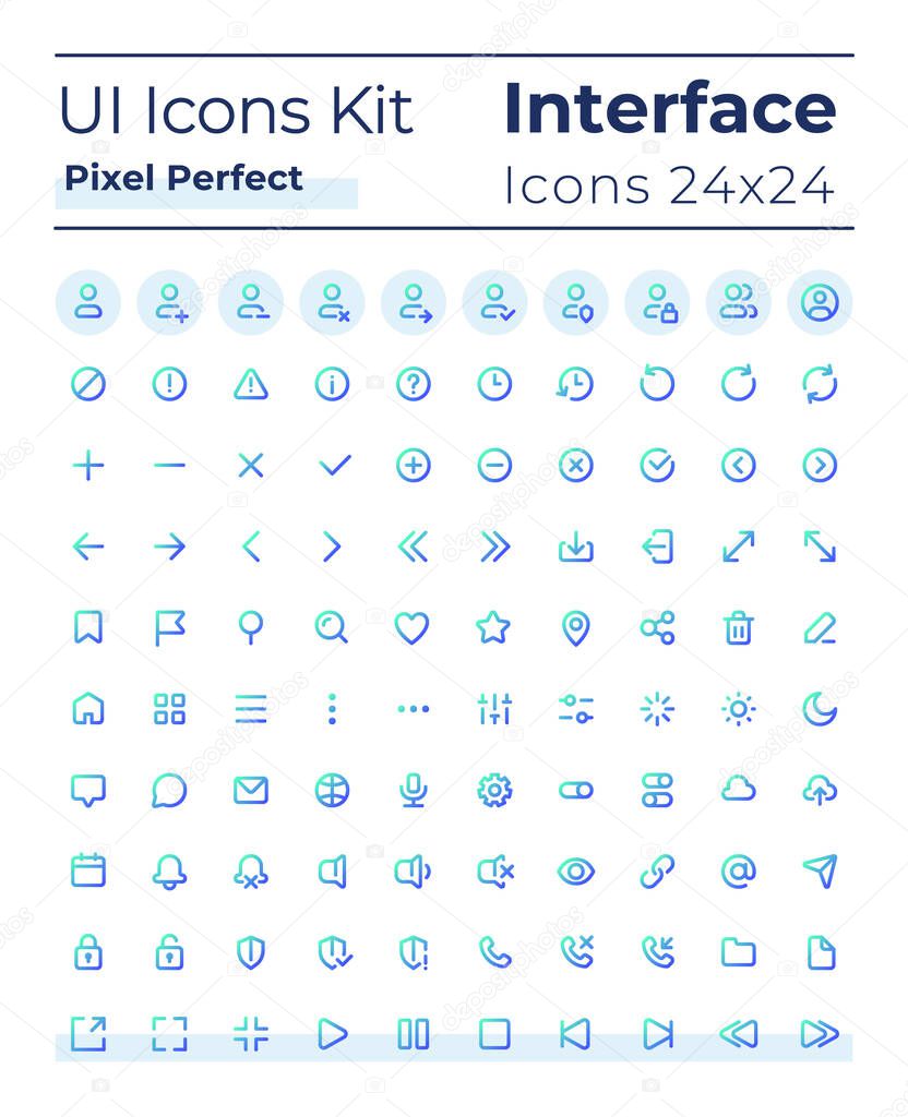 Comprehensible and simple looking pixel perfect gradient linear ui icons set. System settings. Line contour user interface symbols. Modern style pictograms. Vector isolated outline illustrations